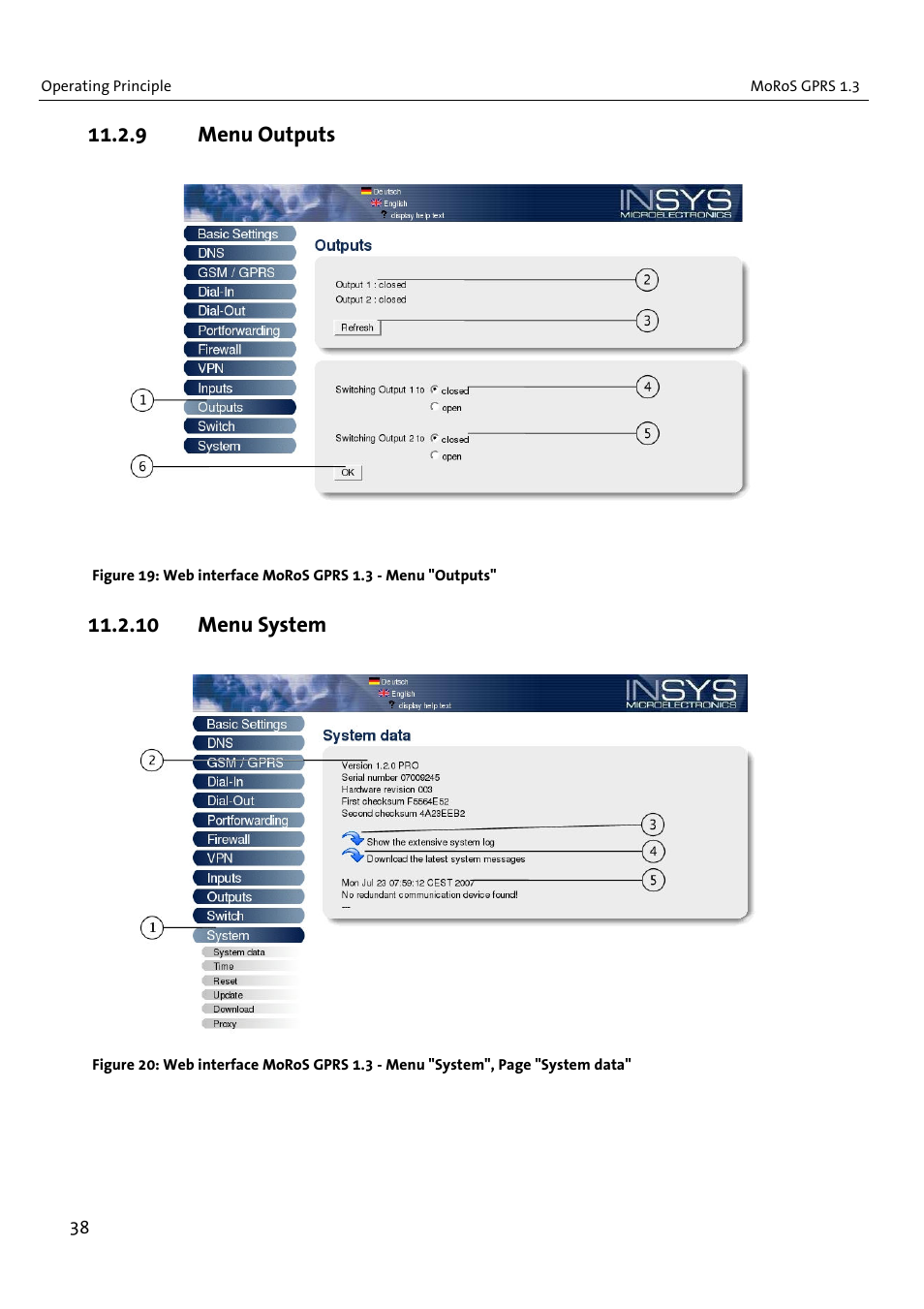 9 menu outputs, 10 menu system | VEGA MoRoS GPRS 1.3 User Manual | Page 38 / 82