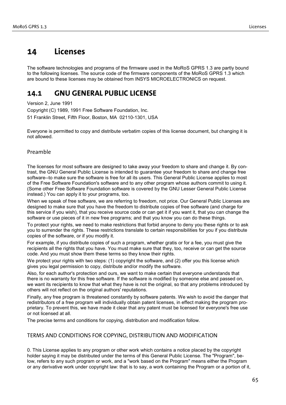 14 licenses, 1 gnu general public license | VEGA MoRoS GPRS 1.3 User Manual | Page 65 / 82