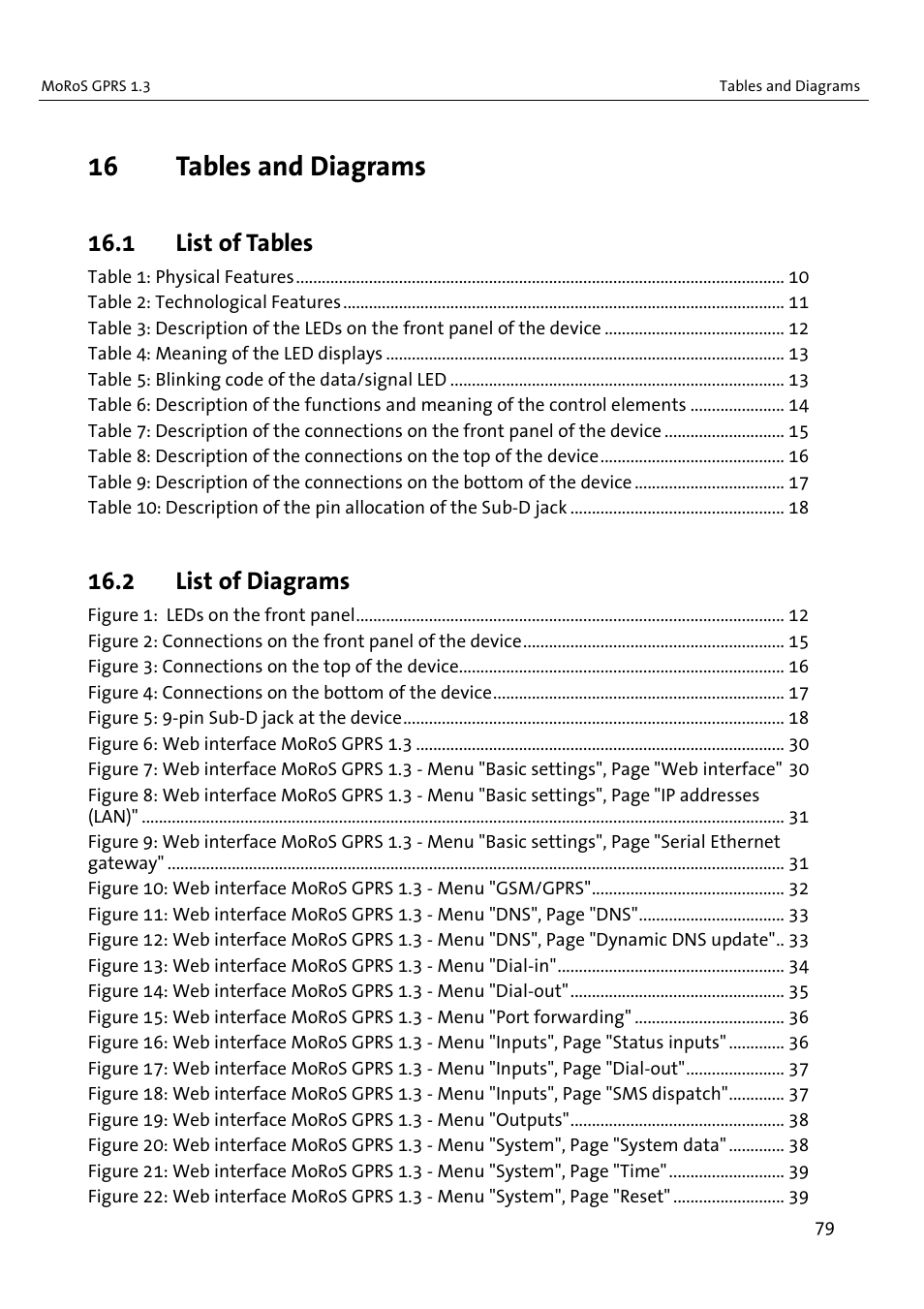 16 tables and diagrams, 1 list of tables, 2 list of diagrams | VEGA MoRoS GPRS 1.3 User Manual | Page 79 / 82