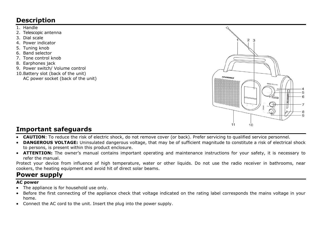 Description, Important safeguards, Power supply | SoundMax SM-2602 User Manual | Page 2 / 7