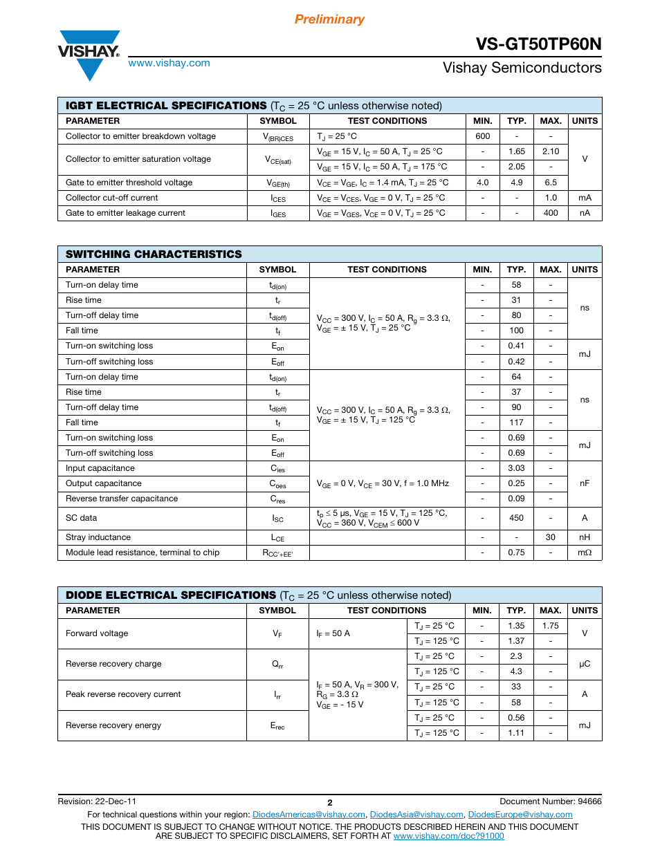 Vs-gt50tp60n, Vishay semiconductors, Preliminary | Igbt electrical specifications (t, Switching characteristics, Diode electrical specifications (t | Vishay VS-GT50TP60N User Manual | Page 2 / 6