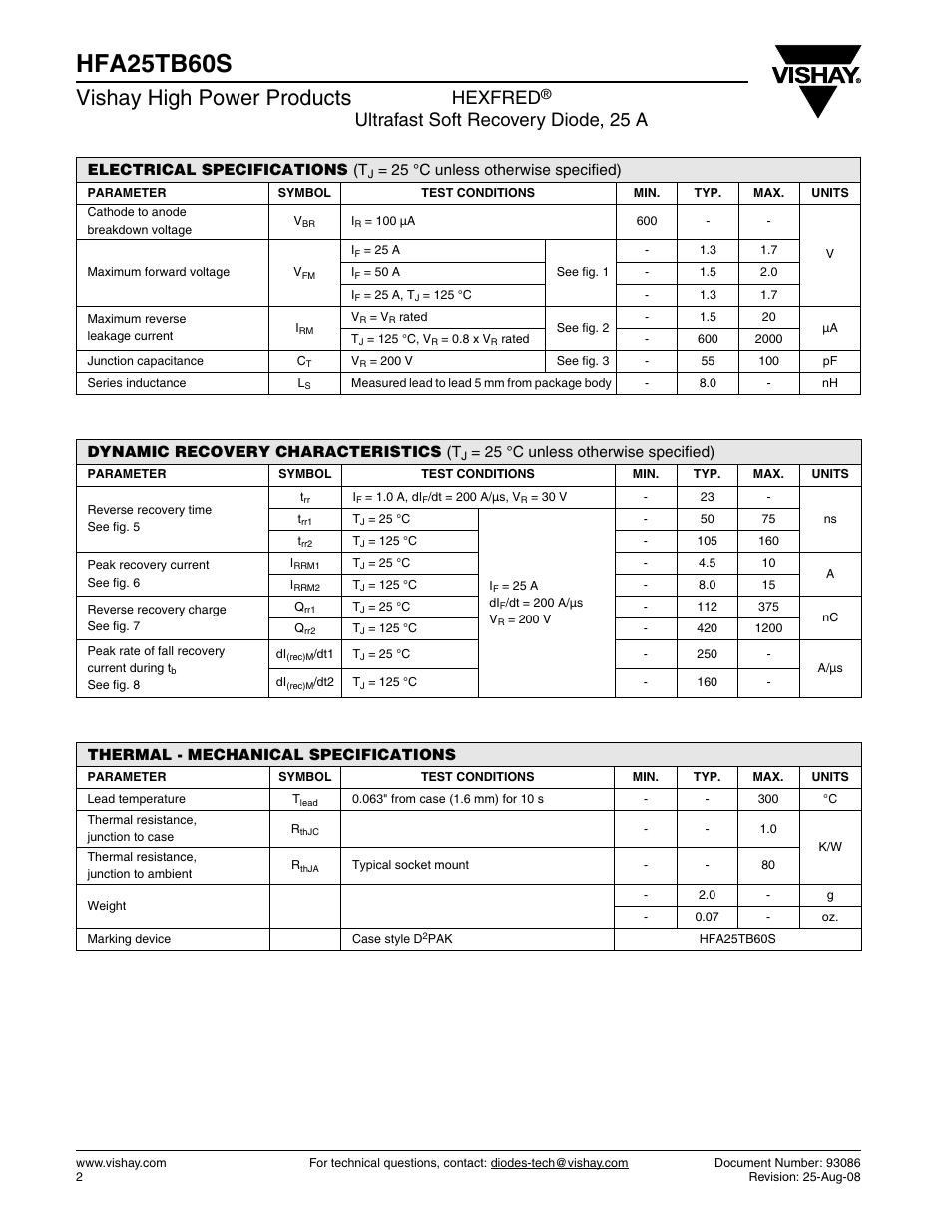 Hfa25tb60s, Vishay high power products, Hexfred | Ultrafast soft recovery diode, 25 a | Vishay HFA25TB60S User Manual | Page 2 / 6