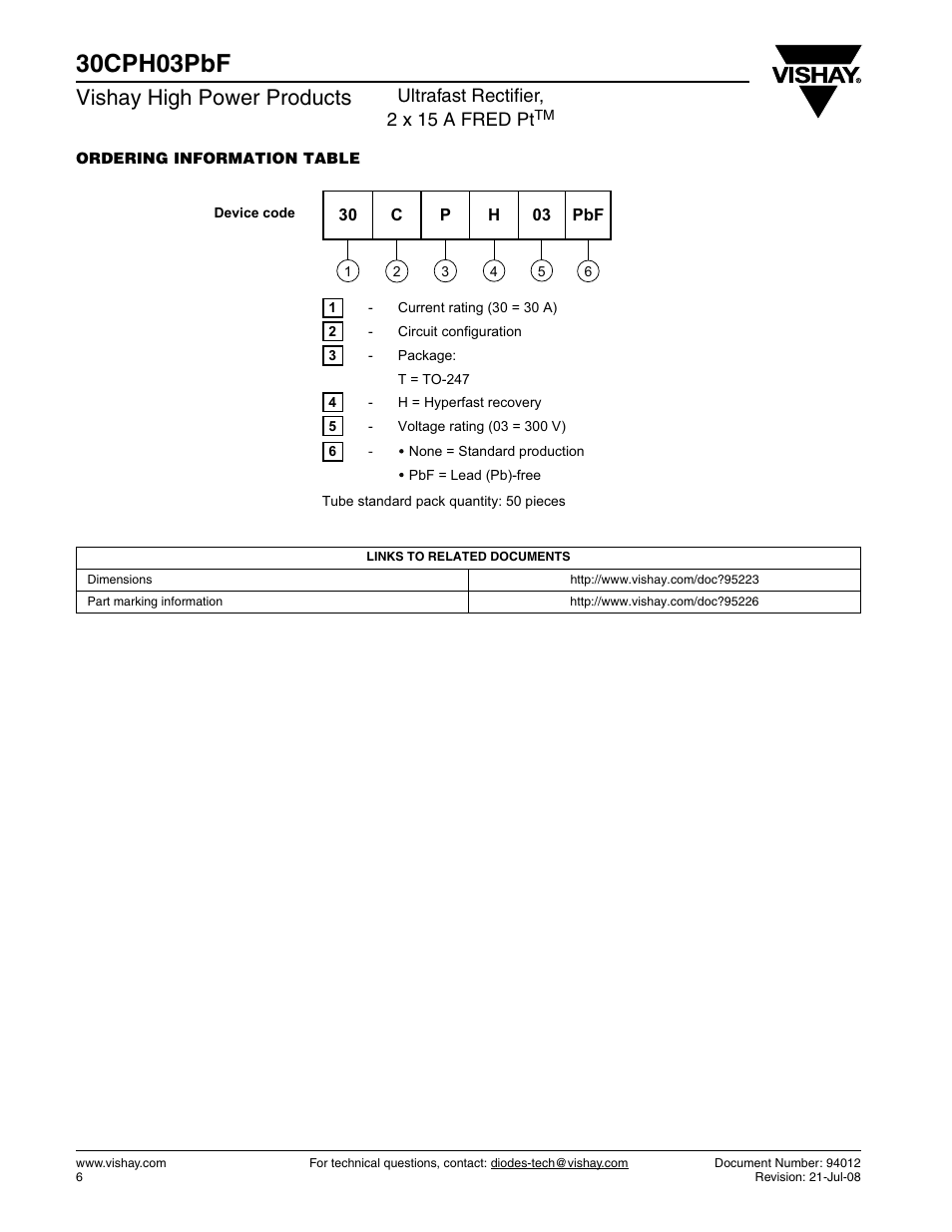 30cph03pbf, Vishay high power products, Ultrafast rectifier, 2 x 15 a fred pt | Vishay 30CPH03PbF User Manual | Page 6 / 7