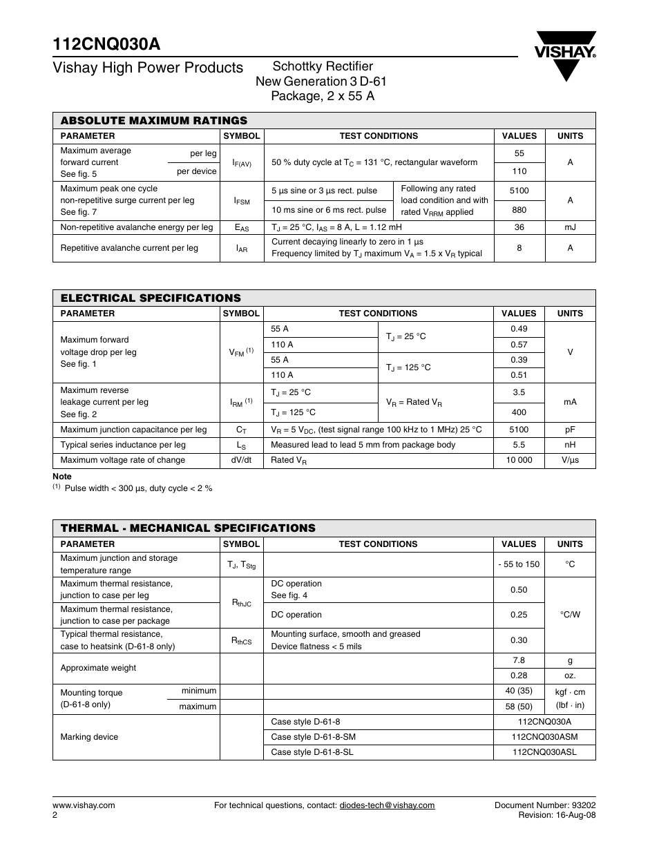 Vishay high power products | Vishay 112CNQ030A User Manual | Page 2 / 6