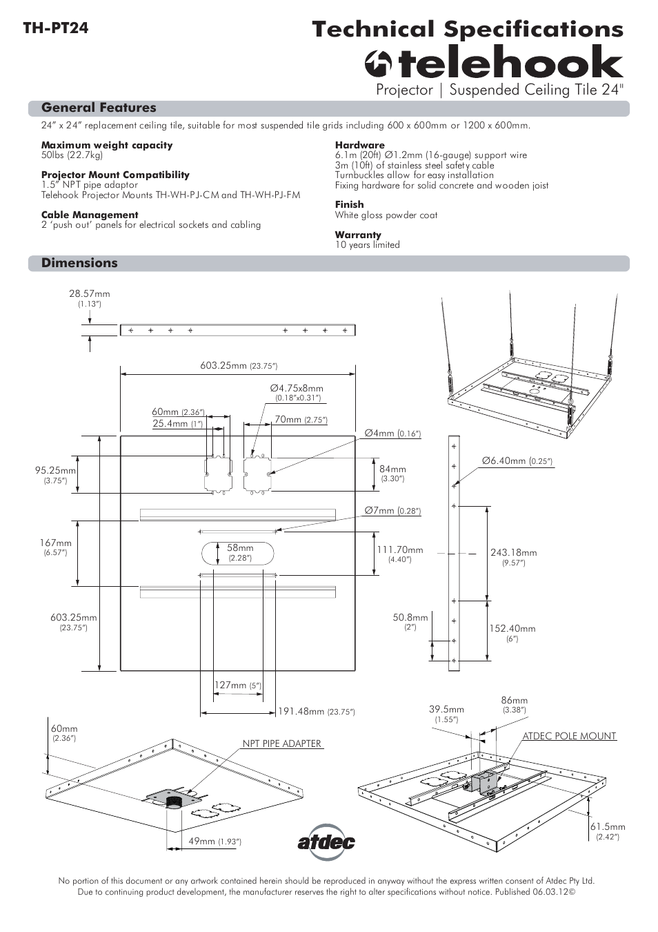 Atdec Telehook TH-PT24 Technical specs User Manual | 1 page