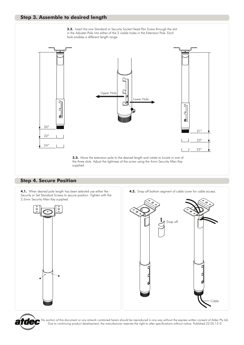 Installation instructions, Step 3. assemble to desired length, Step 4. secure position | Atdec Telehook TH-PPA-1825 Installation manual User Manual | Page 2 / 2