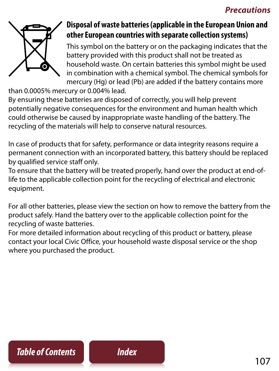 107 table of contents index | Sony PRS-650 User Manual | Page 107 / 139
