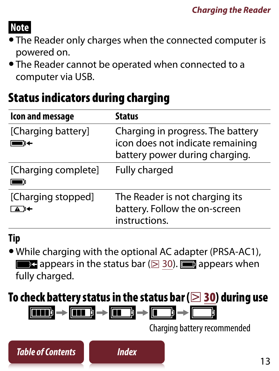 Status indicators during charging | Sony PRS-650 User Manual | Page 13 / 139
