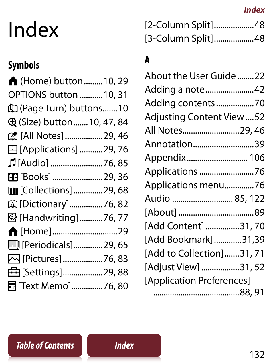Index | Sony PRS-650 User Manual | Page 132 / 139