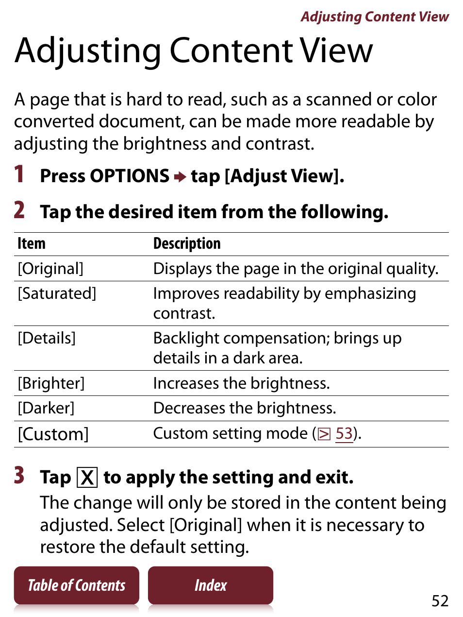 Adjusting content view | Sony PRS-650 User Manual | Page 52 / 139