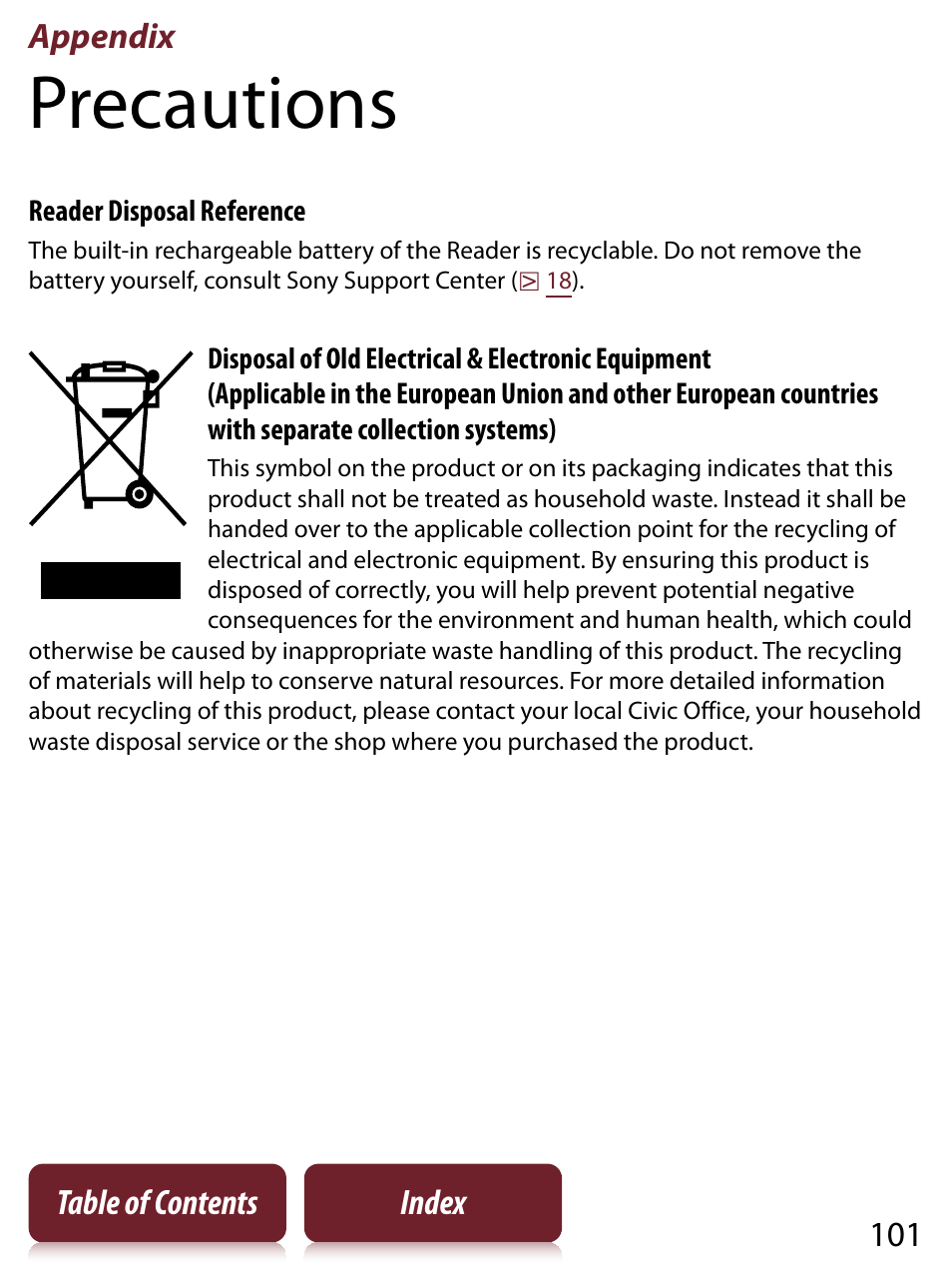 Appendix, Precautions, Appendix 101 table of contents index | Sony PRS-350 User Manual | Page 101 / 131
