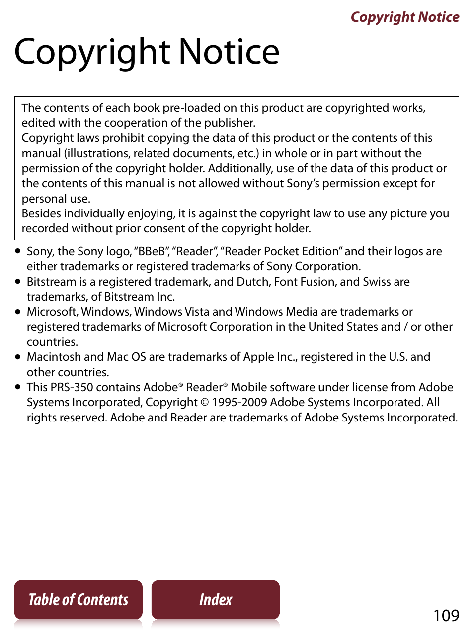 Copyright notice, 109 table of contents index | Sony PRS-350 User Manual | Page 109 / 131