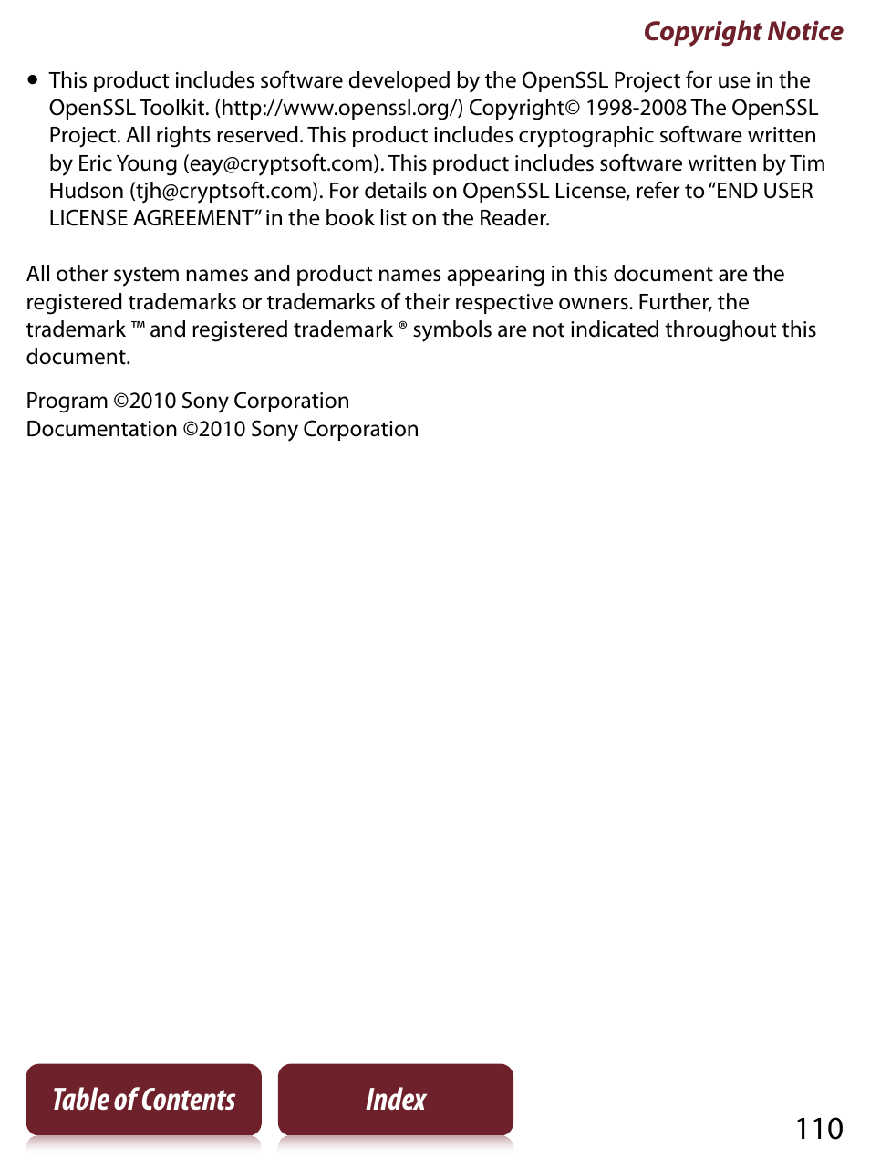 110 table of contents index | Sony PRS-350 User Manual | Page 110 / 131