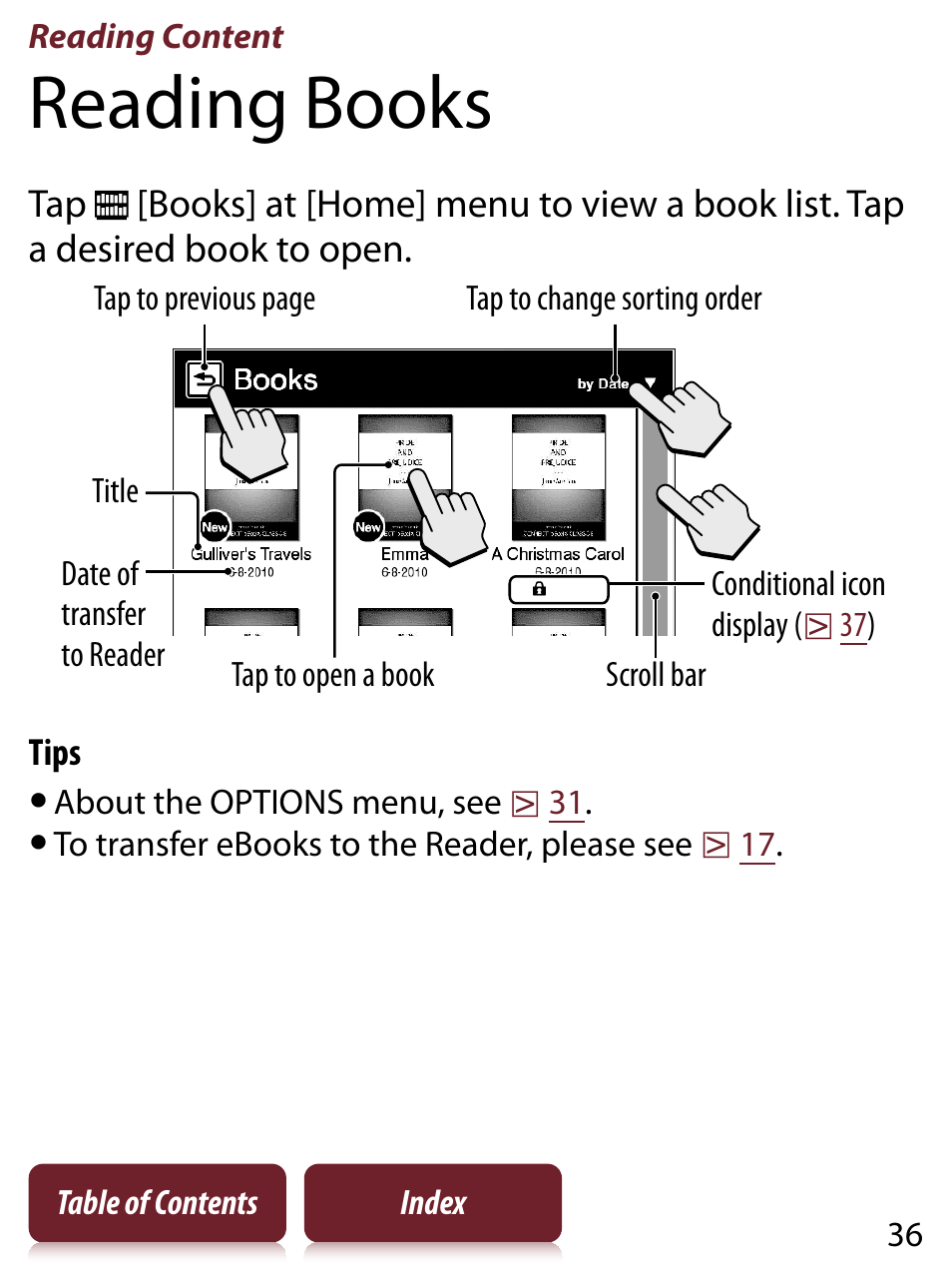 Reading content, Reading books, O list book(s) | Der of the list | Sony PRS-350 User Manual | Page 36 / 131