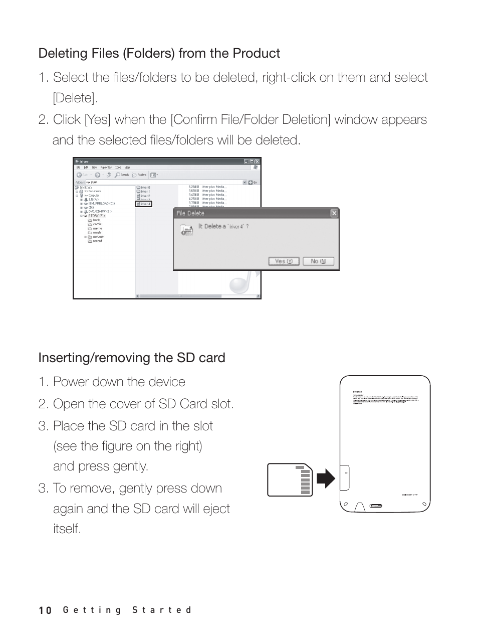 Deleting files (folders) from the product, Inserting/removing the sd card | iRiver Story HD User Manual | Page 10 / 40