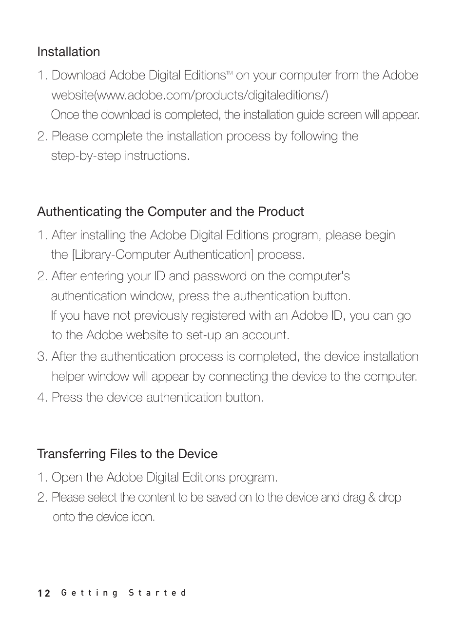 Installation, Authenticating the computer and the product, Transferring files to the device | iRiver Story HD User Manual | Page 12 / 40