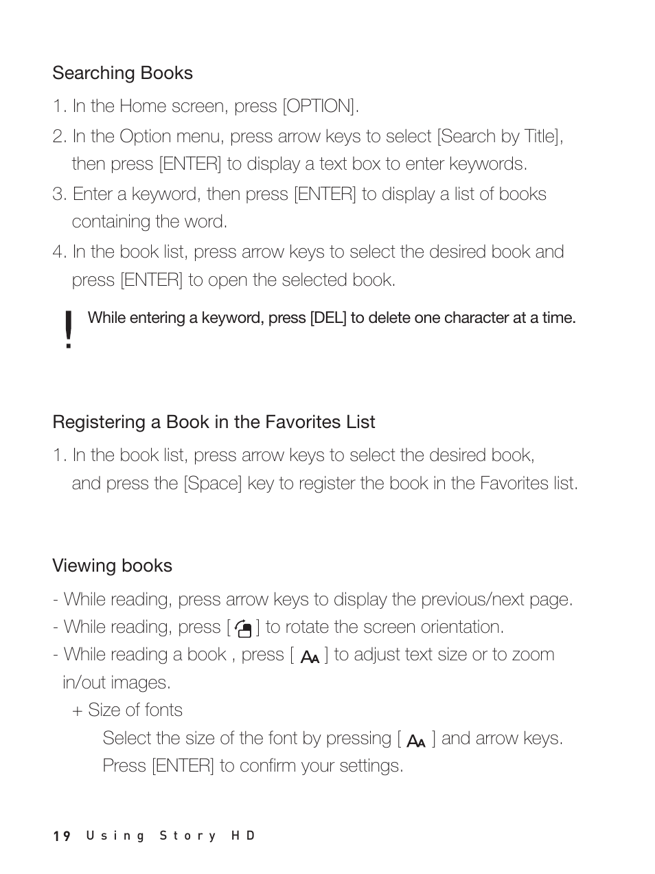 Searching books, Registering a book in the favorites list, Viewing books | iRiver Story HD User Manual | Page 19 / 40