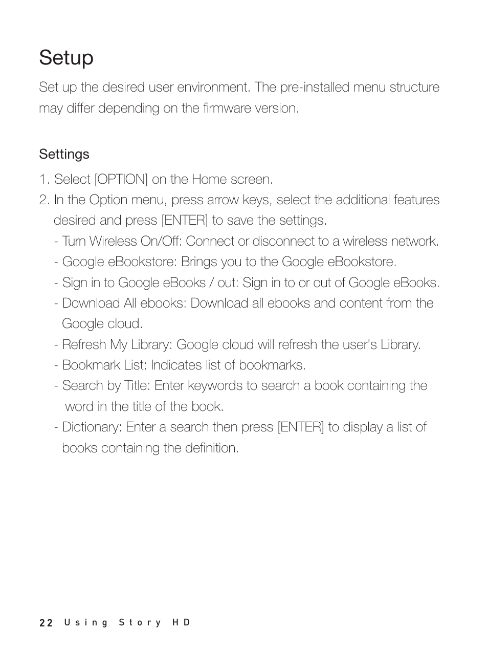 Setup, Settings | iRiver Story HD User Manual | Page 22 / 40