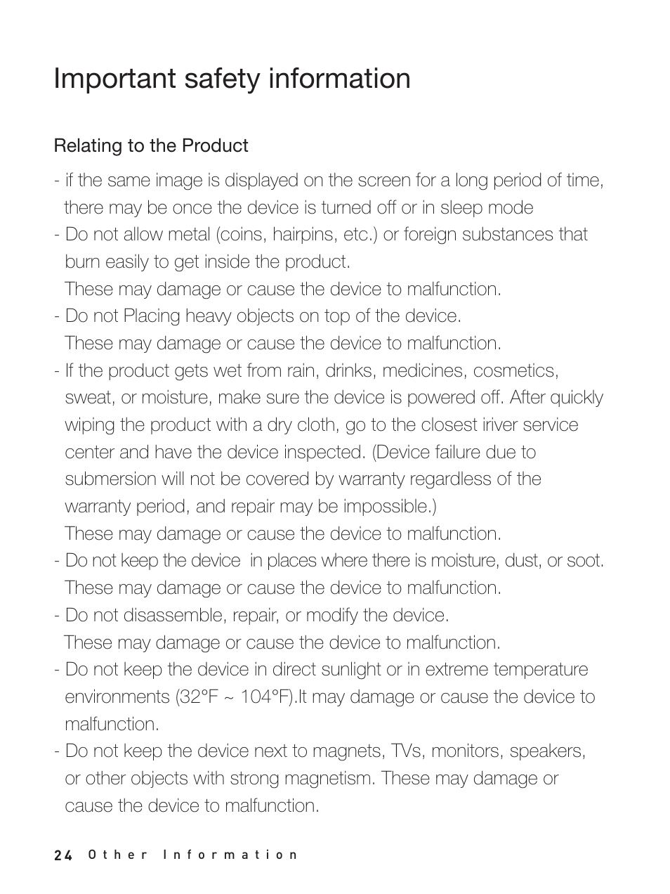 Other information, Important safety information, Relating to the product | iRiver Story HD User Manual | Page 24 / 40