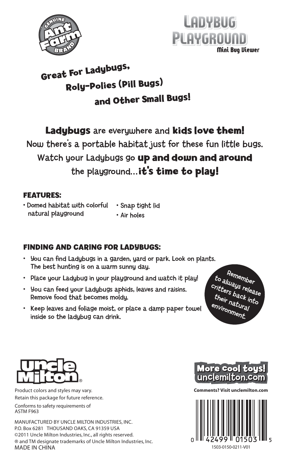 Uncle Milton's Toys Ladybug Playground User Manual | 1 page