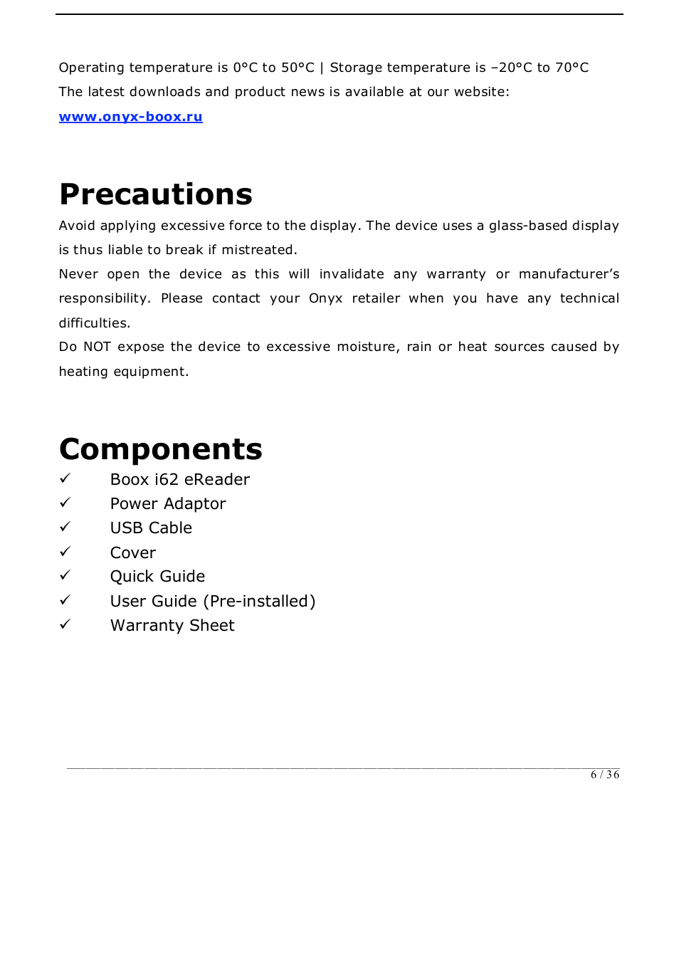 Precautions, Components | ONYX BOOX i62 User Manual | Page 6 / 36