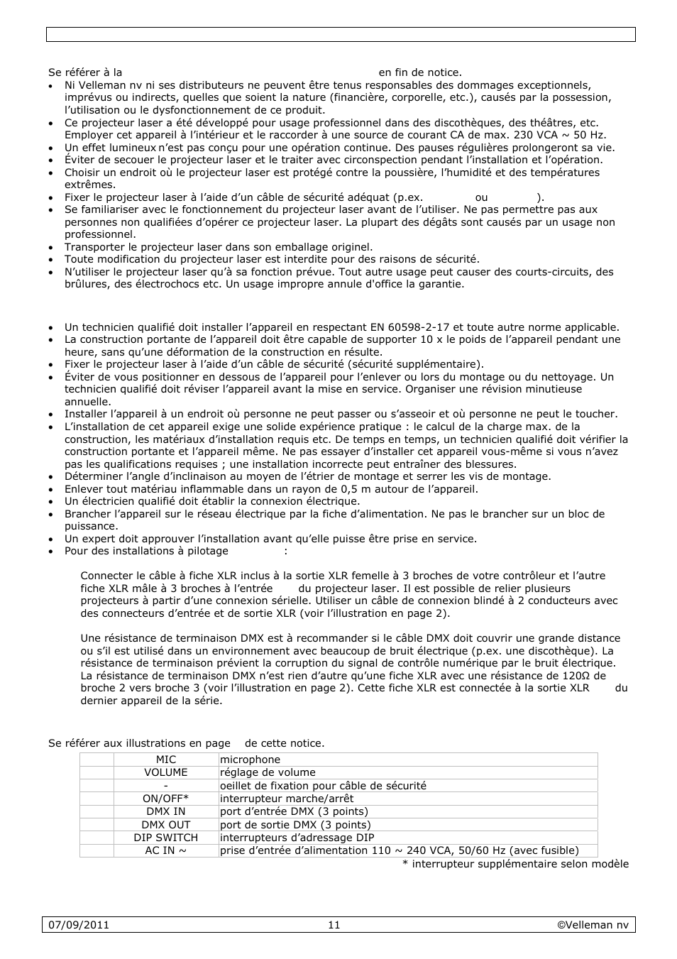 Directives générales, Montage/connexion du projecteur, Description | Velleman VDP801GLD10 User Manual | Page 11 / 23