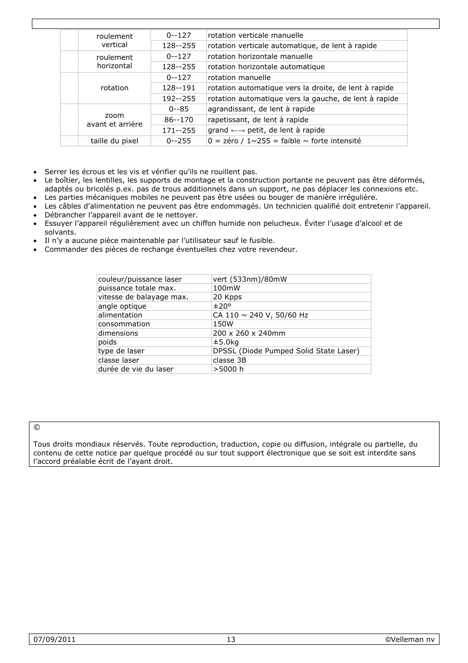 Nettoyage et entretien, Spécifications techniques | Velleman VDP801GLD10 User Manual | Page 13 / 23