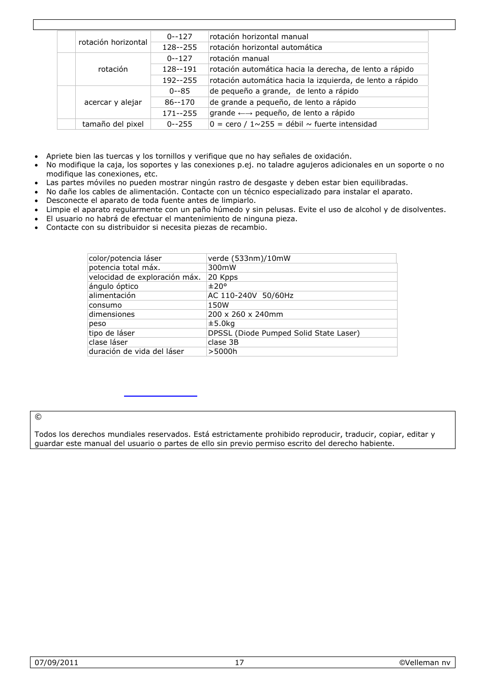 Limpieza y mantenimiento, Especificaciones | Velleman VDP801GLD10 User Manual | Page 17 / 23