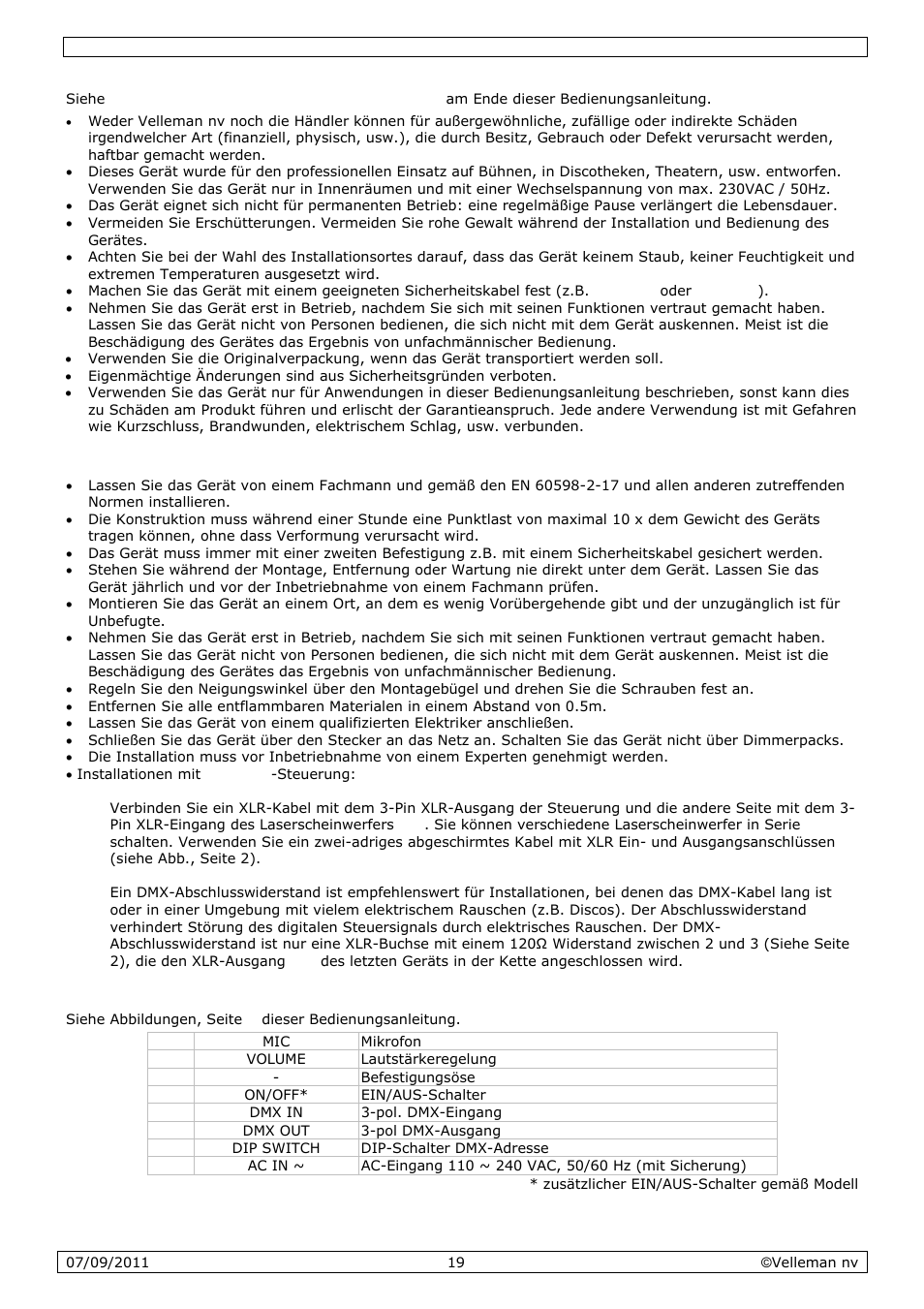 Allgemeine richtlinien, Das gerät montieren und anschließen, Umschreibung | Velleman VDP801GLD10 User Manual | Page 19 / 23