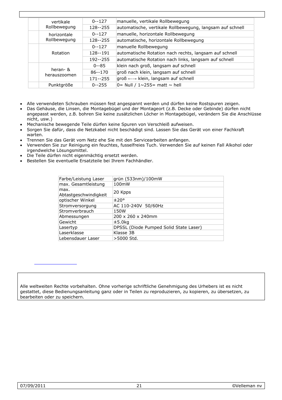 Reinigung und wartung, Technische daten | Velleman VDP801GLD10 User Manual | Page 21 / 23