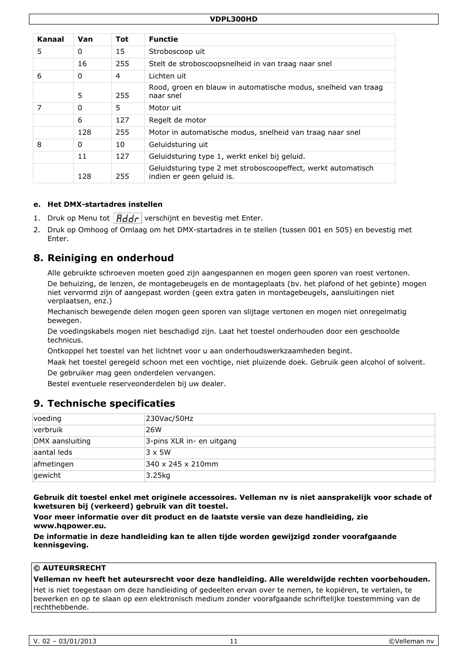 Reiniging en onderhoud, Technische specificaties | Velleman VDPL300HD User Manual | Page 11 / 31