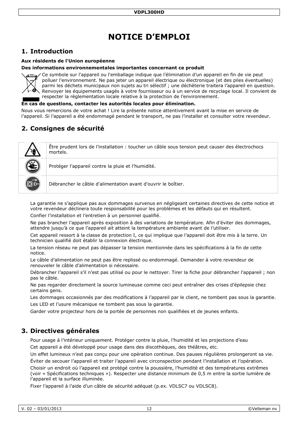 Notice d’emploi, Introduction, Consignes de sécurité | Directives générales | Velleman VDPL300HD User Manual | Page 12 / 31