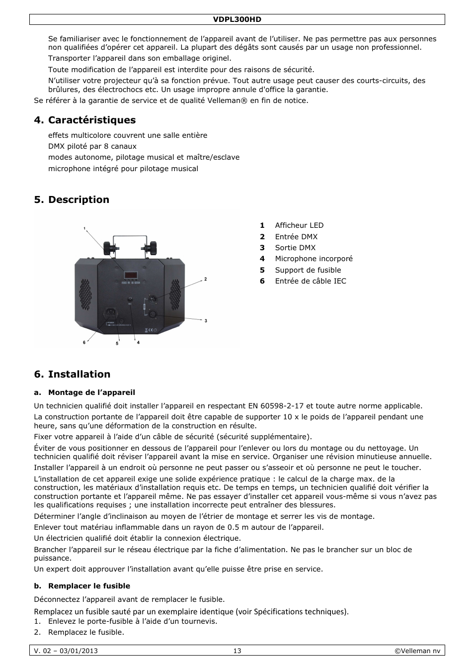 Caractéristiques, Description, Installation | Velleman VDPL300HD User Manual | Page 13 / 31