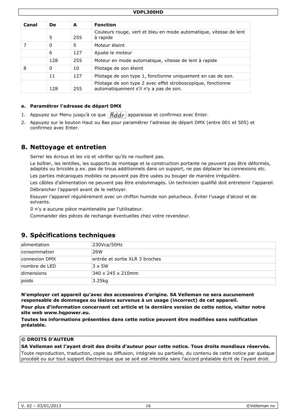 Nettoyage et entretien, Spécifications techniques | Velleman VDPL300HD User Manual | Page 16 / 31