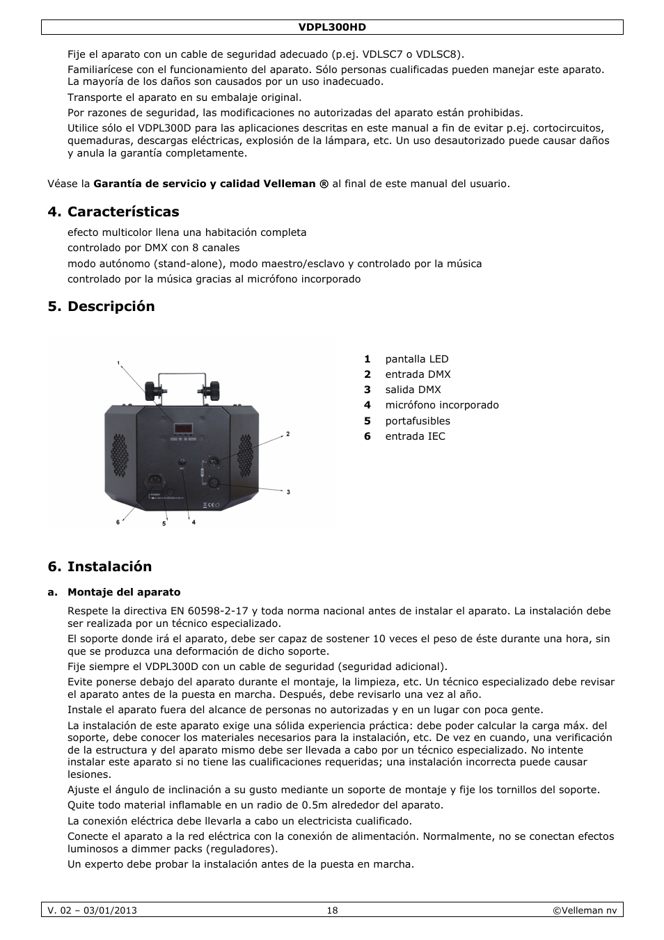 Características, Descripción, Instalación | Velleman VDPL300HD User Manual | Page 18 / 31