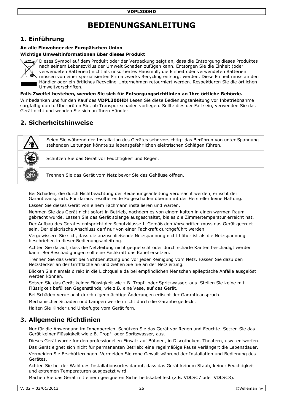 Bedienungsanleitung, Einführung, Sicherheitshinweise | Allgemeine richtlinien | Velleman VDPL300HD User Manual | Page 25 / 31