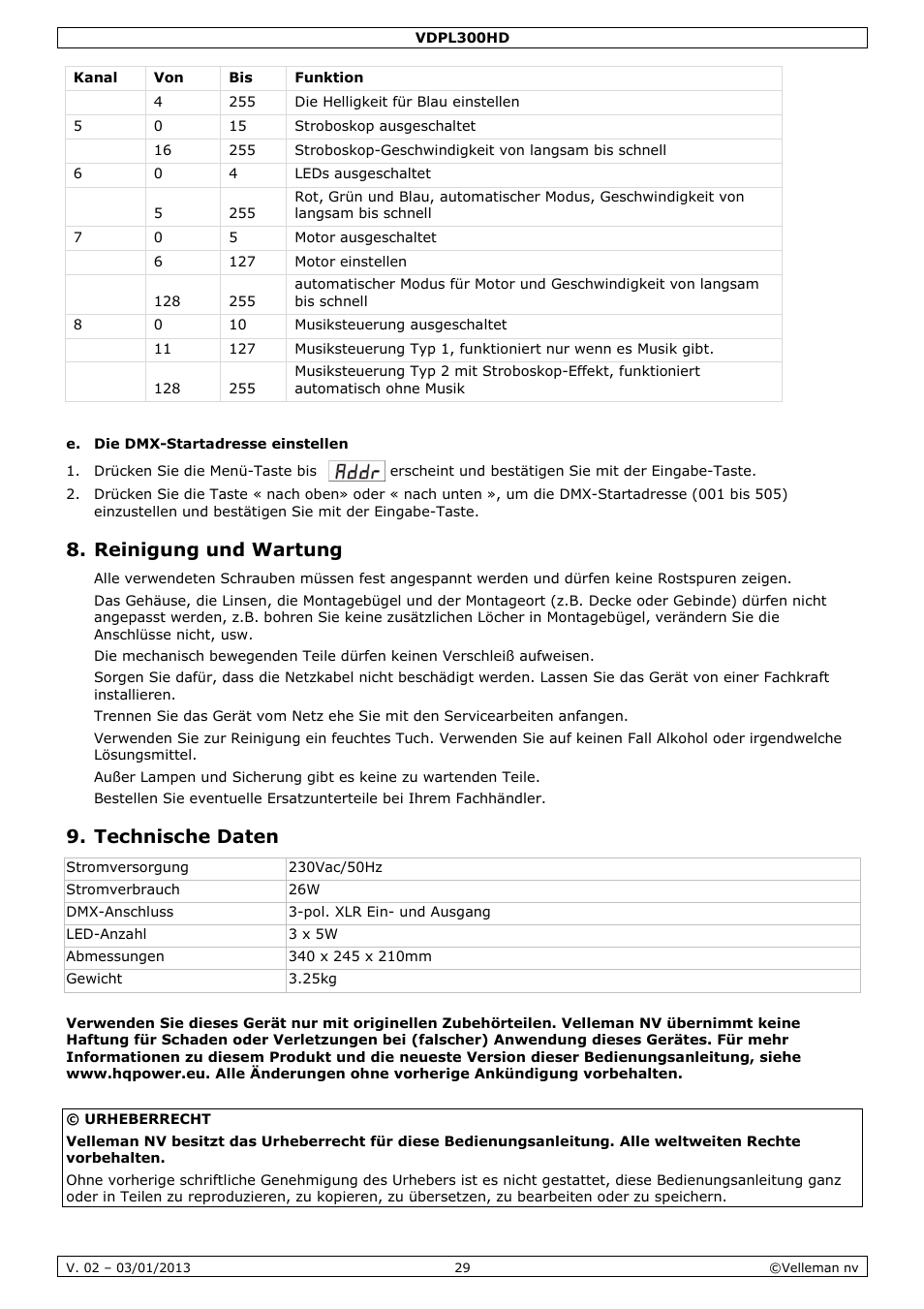 Reinigung und wartung, Technische daten | Velleman VDPL300HD User Manual | Page 29 / 31