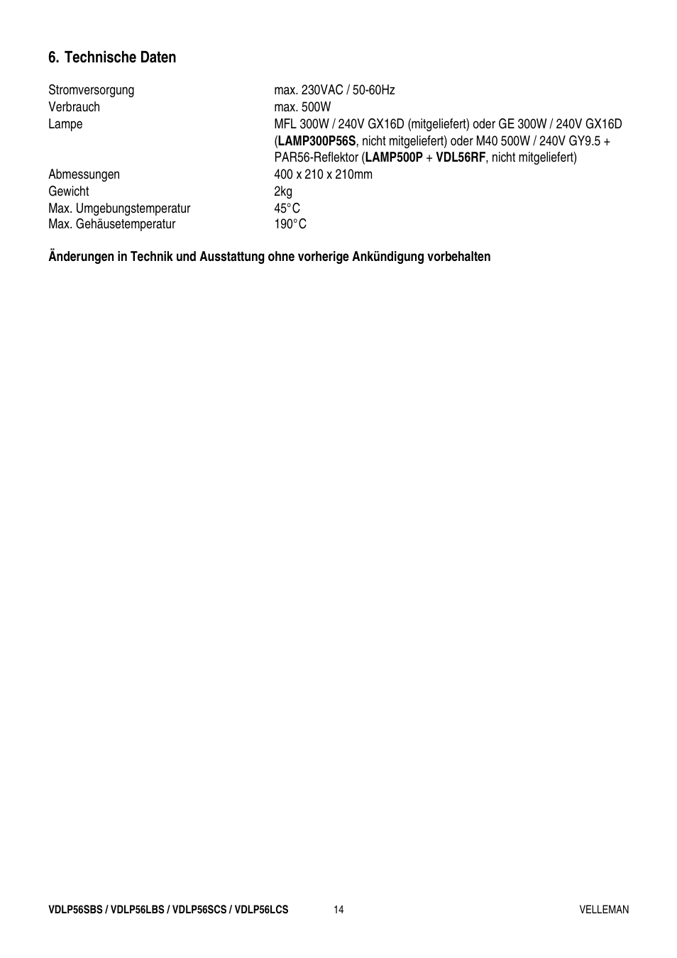 Technische daten | Velleman VDLP56LBS User Manual | Page 14 / 16