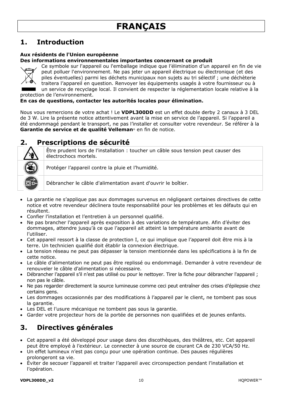 Rança, Intr, Pres | Dire, Roductio, Scriptio, Ectives, Ons de s, Généra, Sécurité | Velleman VDPL300DD User Manual | Page 10 / 23