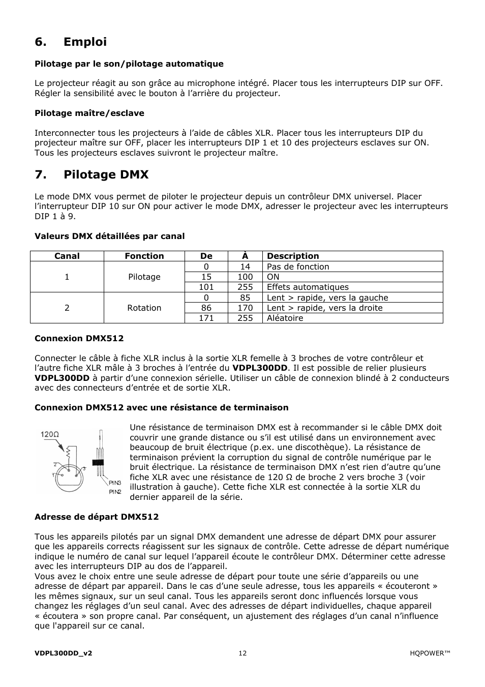 Emploi, Pilotage dmx | Velleman VDPL300DD User Manual | Page 12 / 23