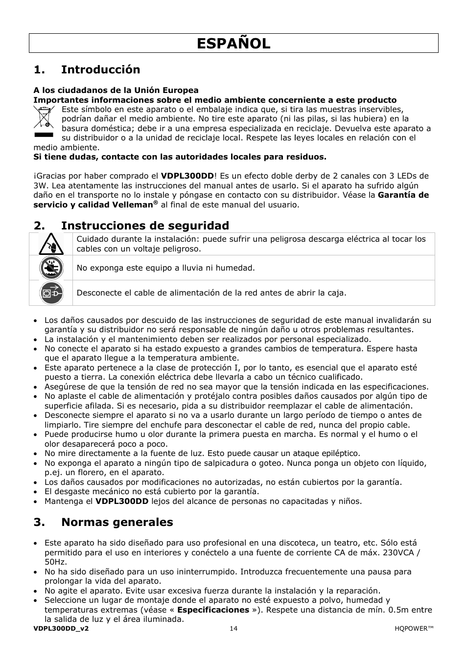 Spaño, Intr, Inst | Roducció, Truccion, Mas ge, Nes de s, Enerales, Segurid | Velleman VDPL300DD User Manual | Page 14 / 23