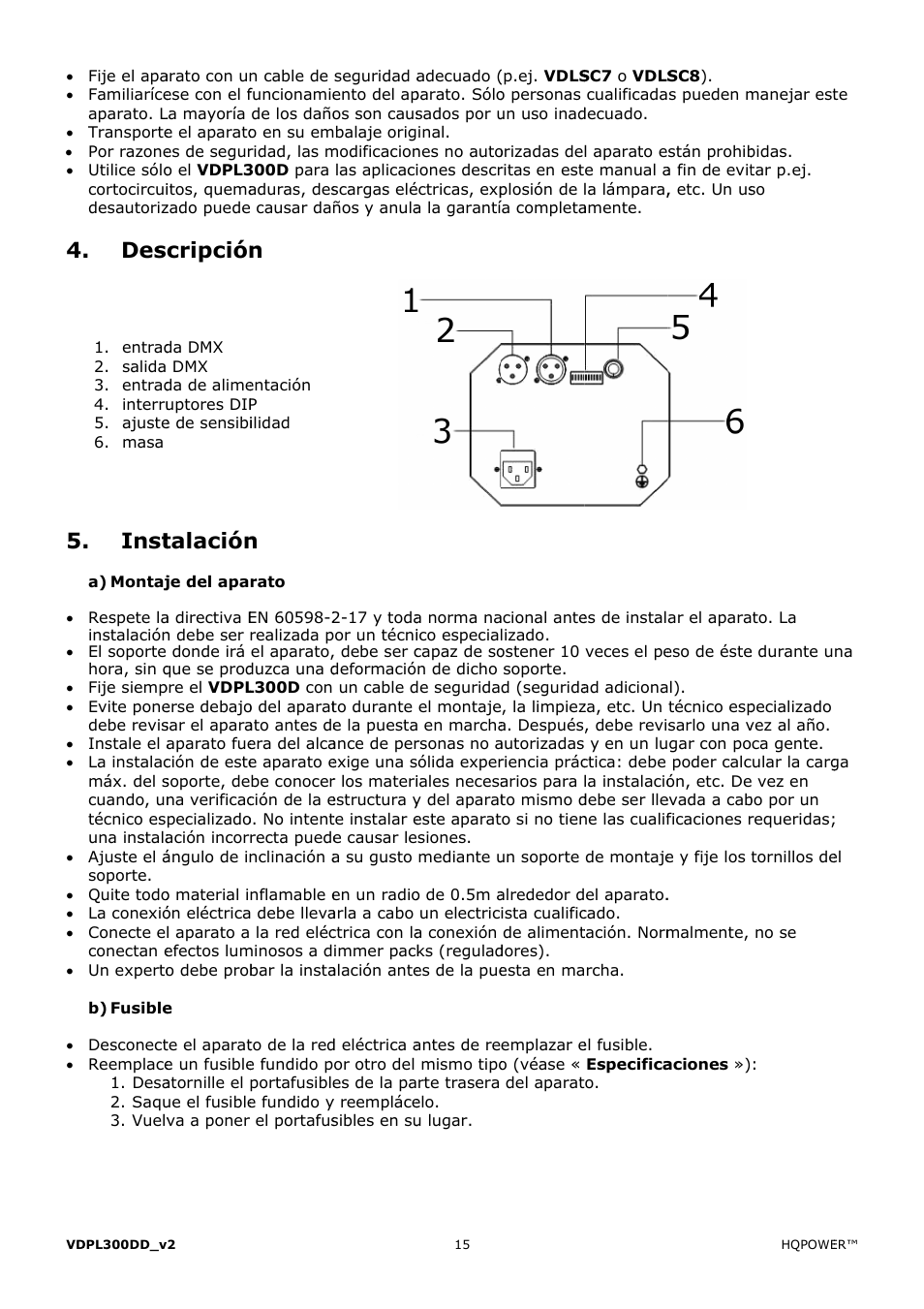 Inst, Cripción, Talación | Velleman VDPL300DD User Manual | Page 15 / 23