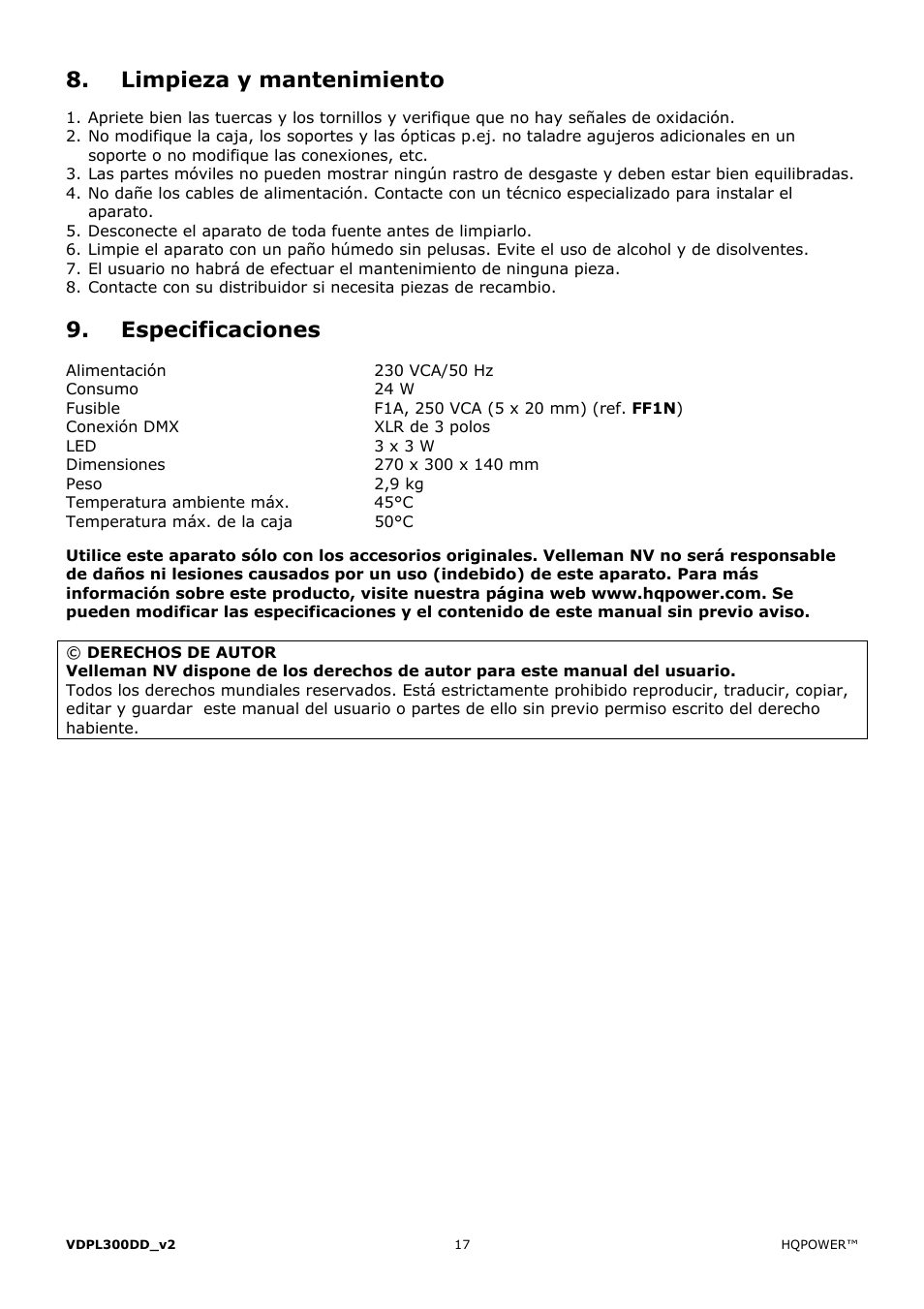 Limpieza y mantenimiento, Especificaciones | Velleman VDPL300DD User Manual | Page 17 / 23