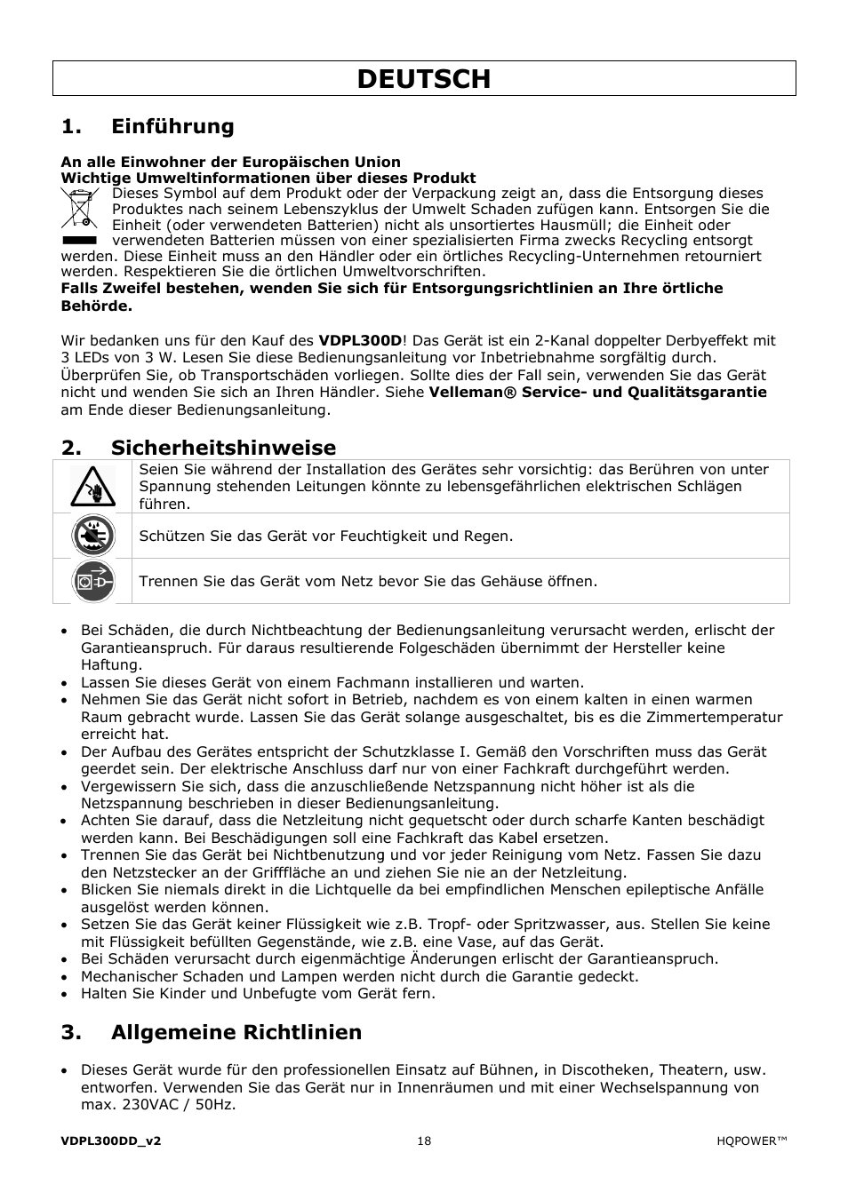 Eutsc, Einf, Sich | Allg, Führung, Herheits, Emeine, Shinwei, E richtl, Inien | Velleman VDPL300DD User Manual | Page 18 / 23
