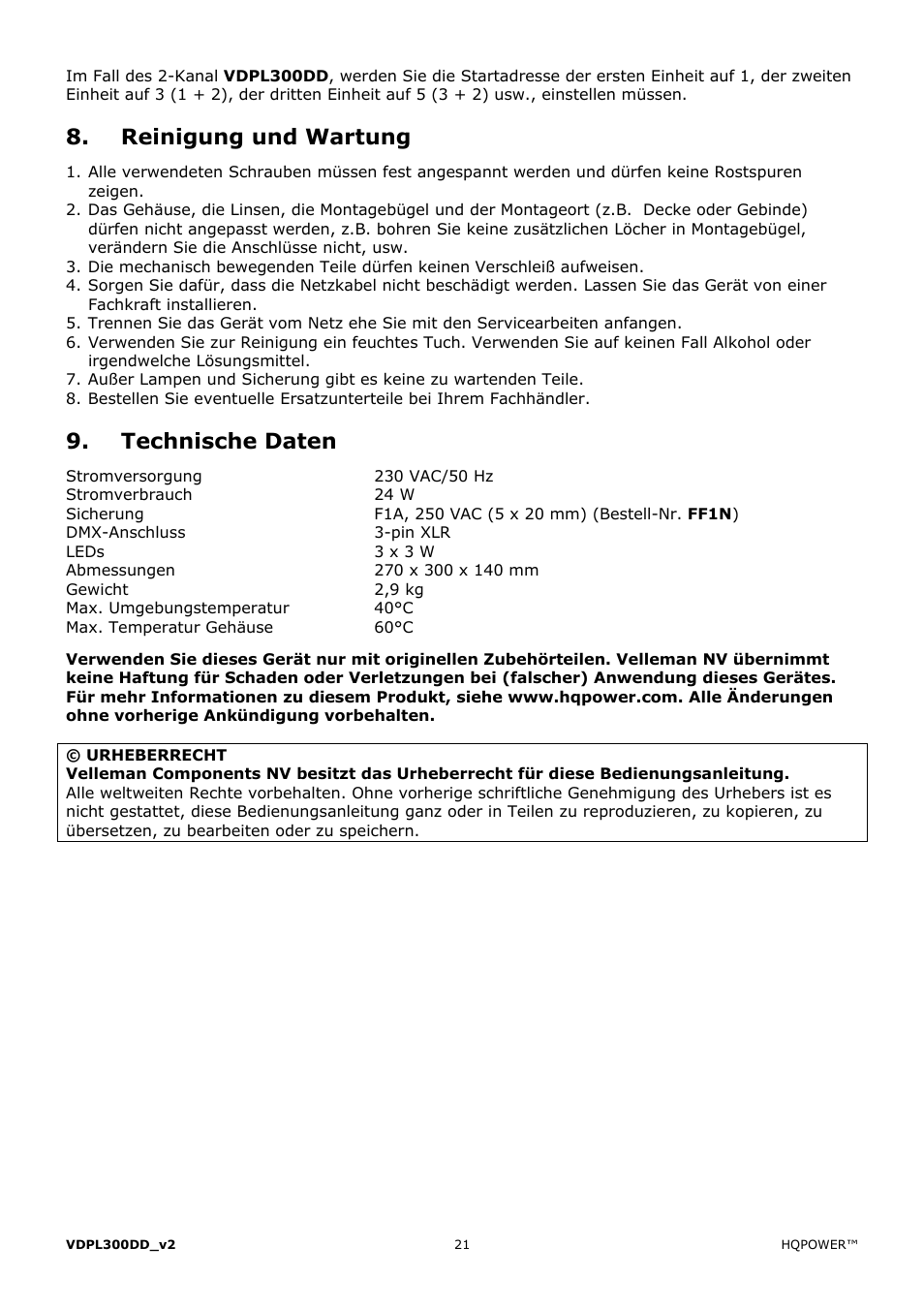 Reinigung und wartung, Technische daten | Velleman VDPL300DD User Manual | Page 21 / 23