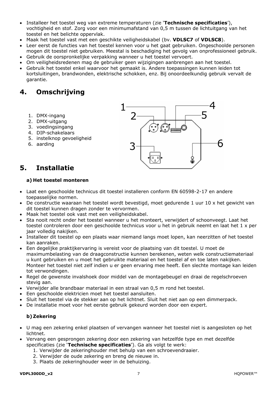 Omschrijving, Installatie | Velleman VDPL300DD User Manual | Page 7 / 23
