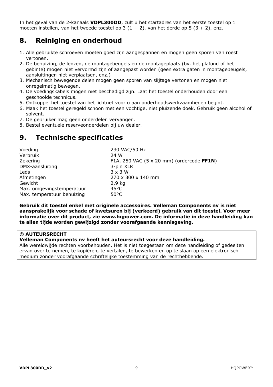 Reiniging en onderhoud, Technische specificaties | Velleman VDPL300DD User Manual | Page 9 / 23