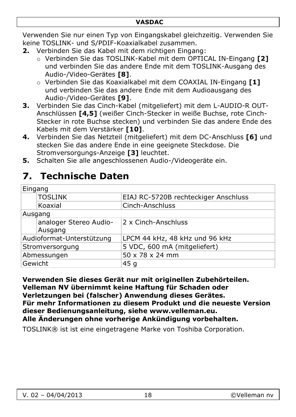 Technische daten | Velleman VASDAC User Manual | Page 18 / 29