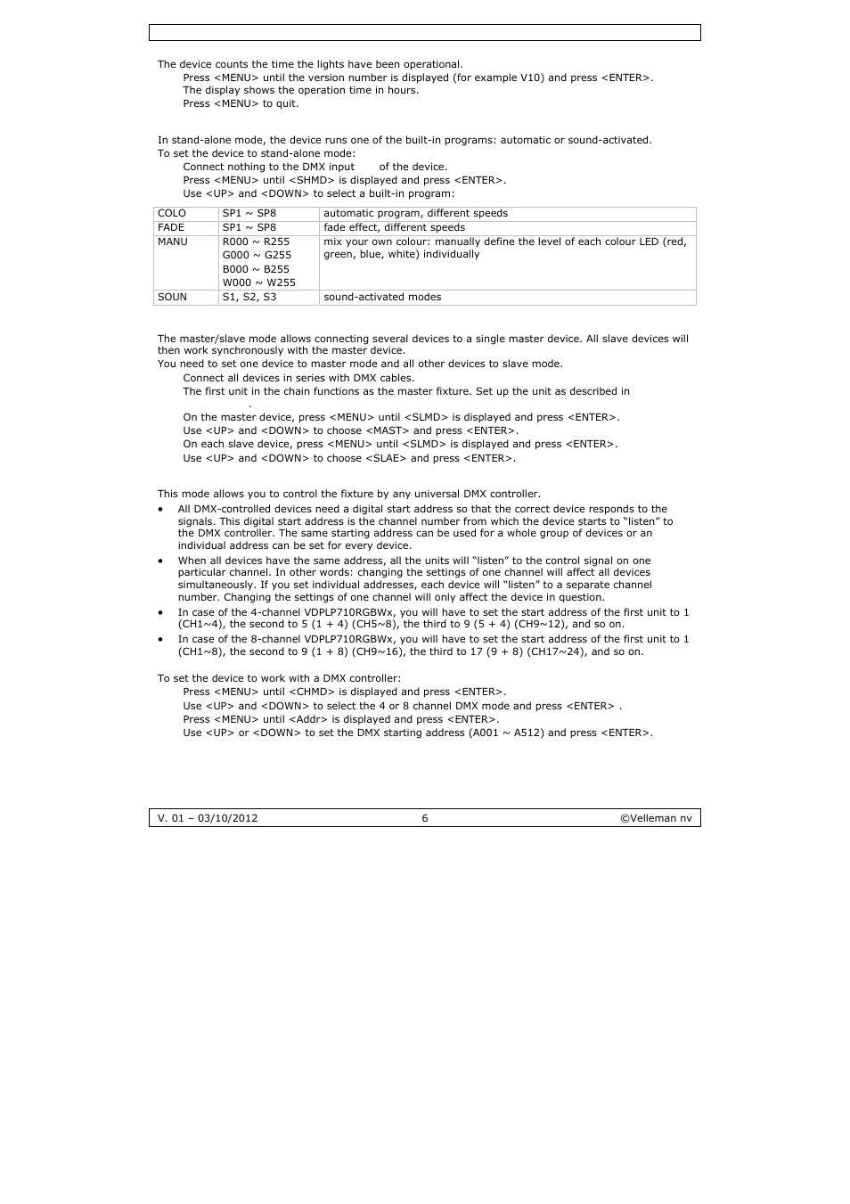 Velleman VDPLP710RGBWB User Manual | Page 6 / 34