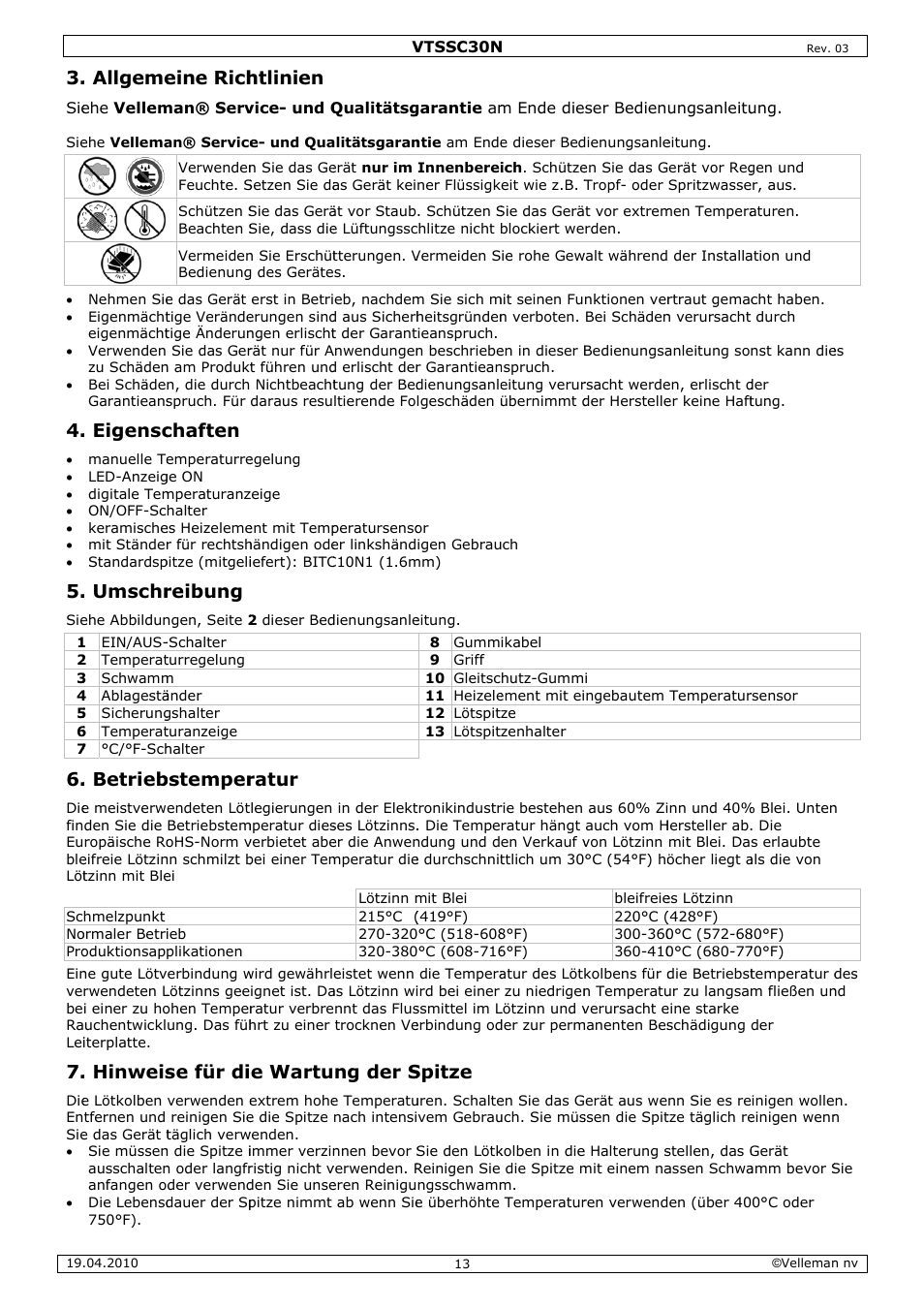 Allgeme, Eigensc, Umschr | Betrieb, Hinweis, Eine rich, Chaften, Reibung, Bstemper, Se für di | Velleman VTSSC30N User Manual | Page 13 / 16